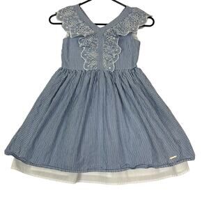 Tahari Dress Girls 6X Blue and White Pinstripe Ruffle Eyelet Embroidered